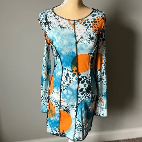 Shein Dresses | Nwt Shein x Long Sleeve Multi Patterned Mini Dress | Color: Blue/Orange | Size: M | Nikkiparsons74'S Closet